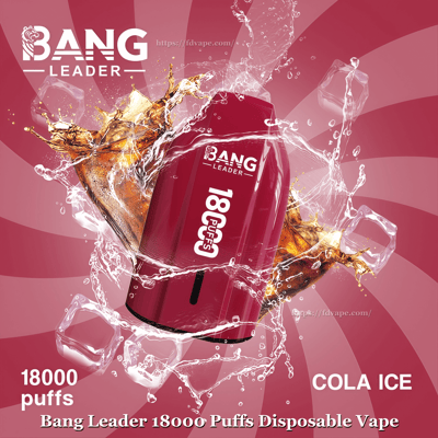 Red Bang Leader disposable vape device labeled '18000 puffs' floating amid splashing cola and ice cubes on a radial pink background, with 'Cola Ice' flavor text.