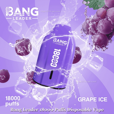 Purple Bang Leader 18000-puff disposable vape positioned at the center with dynamic water splashes, ice cubes and grapes on a purple swirled background, labeled "Grape Ice".