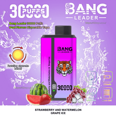 Purple-pink Bang Leader disposable vape device with a tiger logo and 30,000-puffs branding centered against a water-splash background, flanked by icons for a rotating holder, 36 ml, 550 mAh, 30,000 puffs and mesh coil, and pictured with flavor fruits—strawberry, watermelon slice and grapes with ice—labeled Strawberry and Watermelon / Grape Ice.