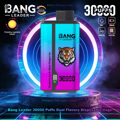 Dispositivo di vaporizzazione usa e getta con gradiente colorato dal blu al rosa centrato su una piattaforma circolare illuminata al neon, etichettato BANG LEADER con il logo di una tigre ringhiante, marcatura digitale "30000 sbuffi" e piccole icone per doppi gusti e caratteristiche del prodotto su uno sfondo futuristico ad anelli blu e viola.