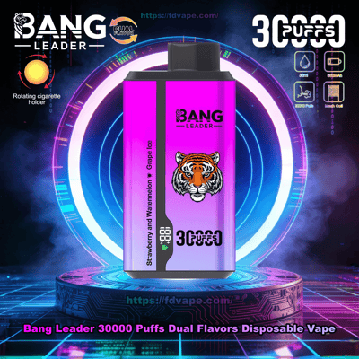 Rectangular purple-to-pink disposable vape device labeled BANG LEADER with a tiger logo and '30000 puffs' text, listing dual flavors (strawberry & watermelon, grape ice), displayed centered on a glowing neon circular stage above a circuit-patterned pedestal.