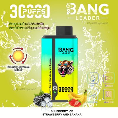 Colorful gradient disposable vape device labeled BANG LEADER with a roaring tiger logo centered on a lime-green splash background, surrounded by icons and text advertising 30,000 puffs, a rotating cigarette holder, 36ml capacity, 550mAh and mesh coil, with blueberry/ice, strawberry and banana fruit images and the flavor text Blueberry Ice, Strawberry and Banana.