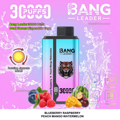Gradient blue-to-pink Bang Leader disposable vape device with a tiger logo and '30,000 puffs' branding centered on a pink water-splash background, surrounded by blueberries, raspberries, peach, mango and watermelon images and small icons showing 36ml, 550mAh, mesh coil and a rotating-cigarette-holder feature.