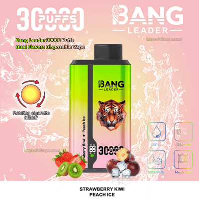 Bright green-to-pink gradient Bang Leader disposable vape device with a tiger logo centered on a pink water-splash background, large “30,000 puffs” text, fruit visuals of strawberries, sliced kiwi and peach with ice cubes, and small icons noting a rotating cigarette holder, 36ml, 550mAh battery and mesh coil with flavor label “Strawberry Kiwi Peach Ice”.