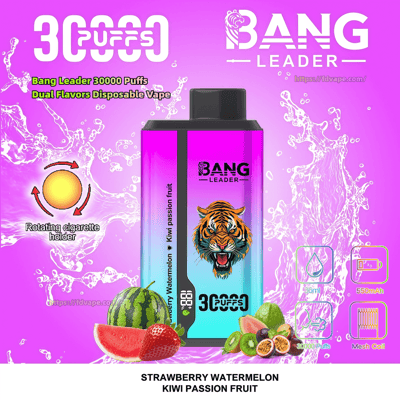 Bright magenta-to-teal gradient advertisement showing a Bang Leader disposable vape device with a roaring tiger logo, surrounded by sliced strawberry, watermelon, kiwi and passion fruit, water-splash graphics and icons, and text noting 30,000 puffs and dual flavors (strawberry watermelon / kiwi passion fruit).