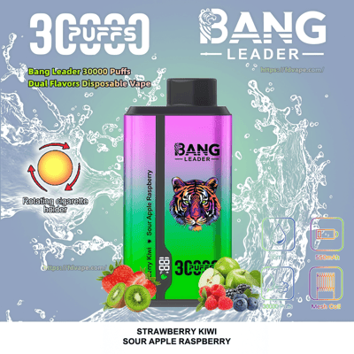 Colorful gradient disposable vape device branded "Bang Leader" with a tiger logo centered on a water-splash background, surrounded by strawberries, kiwi slices, green apples, raspberries and blueberries and icons noting 30,000 puffs, 36 ml, 550 mAh battery and mesh coil, labeled Strawberry Kiwi / Sour Apple Raspberry.