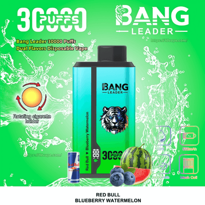 Bright green advertisement for a Bang Leader disposable vape featuring a teal rectangular device with a tiger logo and '30,000 puffs' labeling, accompanied by images of blueberries, a watermelon slice and a Red Bull can to indicate Red Bull Blueberry Watermelon flavor, plus icons and text highlighting a rotating cigarette holder, 36 ml capacity, 550 mAh battery and mesh coil.