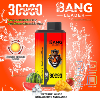 Red-orange Bang Leader disposable vape device with crowned tiger logo and '30,000 puffs' branding, shown against an orange water-splash background with watermelon, mango and strawberry accents and small icons indicating 36ml, 550mAh and mesh coil, labeled Watermelon Ice and Strawberry and Mango.