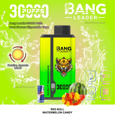 Bright lime-green advertisement featuring a Bang Leader disposable vape device with a snarling tiger logo centered above a Red Bull can, watermelon slice and gummy candy, labeled "30000 puffs" and "Red Bull Watermelon Candy" with icons for rotating cigarette holder, 36ml capacity, 550mAh battery and mesh coil.