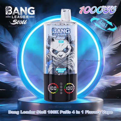 A cylindrical Bang Leader Stoll disposable vape device on a glowing blue circular pedestal, featuring a clear upper chamber with a fierce blue-eyed panda illustration and 'Vanilla Ice Cream' label, a black lower base with two digital '100' puff indicators, and promotional '100K puffs' and '4 in 1' text against a smoky feathered background.