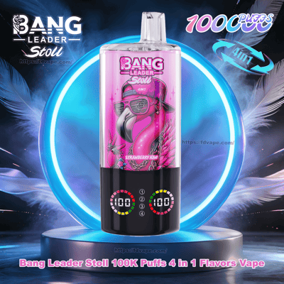 Tall cylindrical Bang Leader Stoll disposable vape with pink flamingo artwork labeled Strawberry Kiwi and digital puff counters on a black base, centered on a glowing blue neon ring pedestal with feather accents and 100K puffs and 4-in-1 branding.