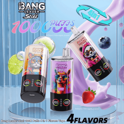 Three colorful Bang Leader Stoll 100K Puffs 4-in-1 disposable vapes with animal artwork (cat, sunglasses-wearing llama, and panda), digital puff displays and flavor indicators, surrounded by lime, blueberry and strawberry with a purple liquid splash against a glossy blue background and promotional text reading 100K PUFFS and 4 FLAVORS