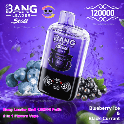 Glossy purple Bang Leader Stoll vape device with a clear top and digital display, set against a purple liquid splash and surrounded by blueberries, black currants and ice cubes, labeled 120000 puffs and Blueberry Ice & Black Currant with a dual-flavor icon.