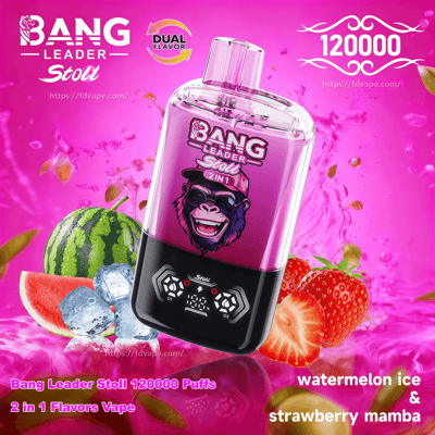 A pink Bang Leader Stoll disposable vape device with a digital display and dual-flavor icon set against a vibrant pink splash background, surrounded by watermelon slices, ice cubes and strawberries and marked 120000 puffs and watermelon ice & strawberry mamba.