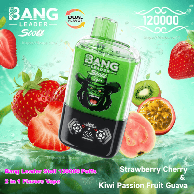 Green Bang Leader Stoll 2-in-1 disposable vape with a snarling gorilla logo and digital display, floating on a teal water-splash background surrounded by strawberries, kiwi, passionfruit and guava, labeled 120,000 puffs and dual flavor.