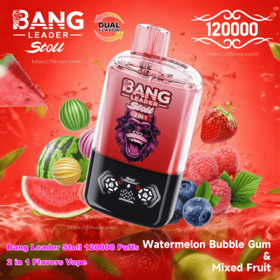 Red-and-black Bang Leader Stoll disposable vape device with a small digital display dominates a red splash background, surrounded by watermelon slices, strawberries, raspberries, blueberries and candy spheres, with labels noting 120000 puffs, dual-flavor and Watermelon Bubble Gum & Mixed Fruit