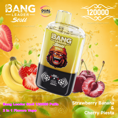 Yellow Bang Leader Stoll 2-in-1 disposable vape device shown close-up with '120000' puffs and 'Dual Flavor' branding, set on a bright yellow background with splashing strawberries, bananas and cherries to represent Strawberry Banana and Cherry Piesta flavors.