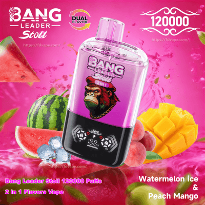 Glossy pink-and-black Bang Leader Stoll vape device held in a hand against a vibrant pink splash background with watermelon slices, mango cubes, peaches and ice, labeled 120000 puffs and Watermelon Ice & Peach Mango dual flavor