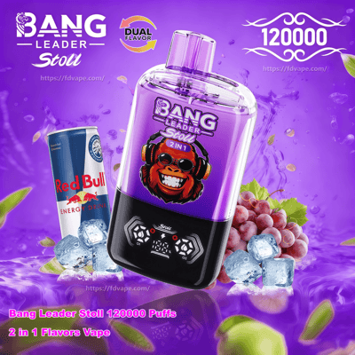 A glossy purple Bang Leader Stoll vape device with a digital display floats against a vibrant purple splash background with a Red Bull can, grapes and ice cubes, showing prominent 120000 puffs and dual-flavor branding.
