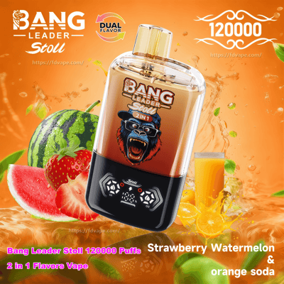 Orange promotional image of a translucent gold-tinted disposable vape device labeled "Bang Leader Stoll" hovering over an orange liquid splash, surrounded by watermelon slices, strawberries and a glass of orange soda, with text advertising 120,000 puffs and dual flavors: strawberry watermelon and orange soda.