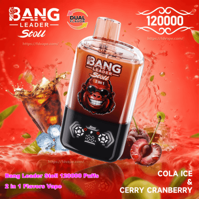 Slim vape device with a translucent top and black digital-control base labeled 'Bang Leader Stoll' set against a vivid red splash background with ice cubes, a cola splashing glass and cherries, accompanied by promotional text showing '120000', a 'Dual Flavor' badge, and the flavor names 'Cola Ice & Cherry Cranberry'.