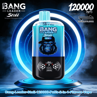 Teal-to-black Bang Leader Stoll 2-in-1 disposable vape device with a clear mouthpiece, central logo, digital display and control icons, shown on a glowing blue concentric-ring pedestal with “120000 puffs” and “double flavor” branding in the background.