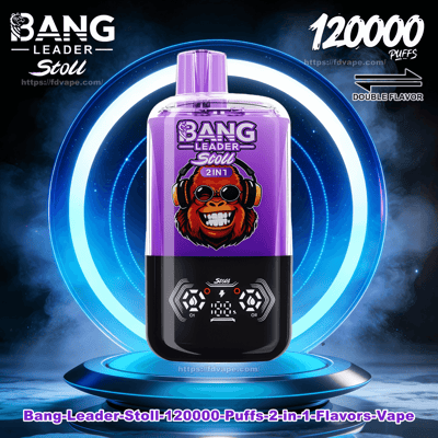Front-facing purple and black Bang Leader Stoll disposable vape device with visible branding, mouthpiece and control-panel icons, set on a glowing concentric blue-ring background with '120000 puffs' and 'Double Flavor' text.