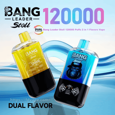 Two colorful Bang Leader Stoll disposable vape devices—one yellow and one blue—floating against a stylized blue water-wave background with large gradient '120000' text, a 'DUAL FLAVOR' label, a small website URL, clear tops and black lower control panels visible.
