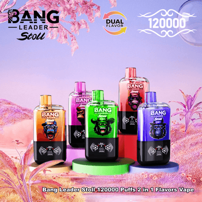 Five colorful Bang Leader Stoll 2-in-1 disposable vape devices with stylized gorilla labels (orange, pink, green, red, purple) arranged on pastel pedestals in a pink-purple floral landscape, with 'Dual Flavor' and '120000' branding visible.