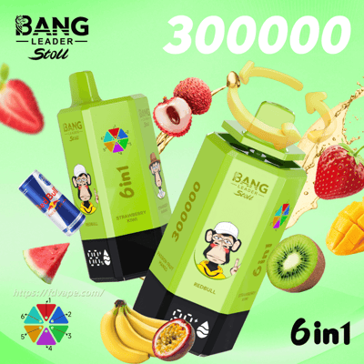 Bright green Bang Leader Stoll 6in1 promo with two lime bottles labeled Strawberry Kiwi and Passion Fruit Mango, plus fruit.