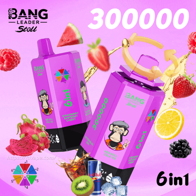 Vibrant pink ad for Bang Leader Stoll 6in1 drinks with two purple bottles, cartoon monkey, fruits, and the large 300000 text.