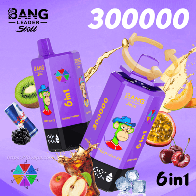 BANG Leader Stoll energy drink cartons in vibrant purple with a monkey mascot, surrounded by fruit slices and splashy graphics, featuring 300000 and 6in1.