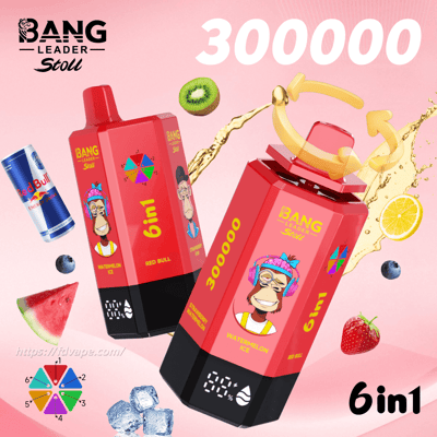 Two red Bang energy drink boxes with cartoon portraits, a Red Bull can, fruit, ice, and a 6in1 label on pink background