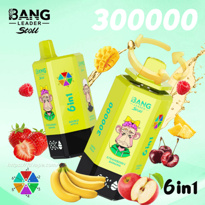 Two lime-green Bang Leader Stoll 6in1 juice boxes with a monkey logo, strawberry banana and double apple flavors, 300000 graphic.