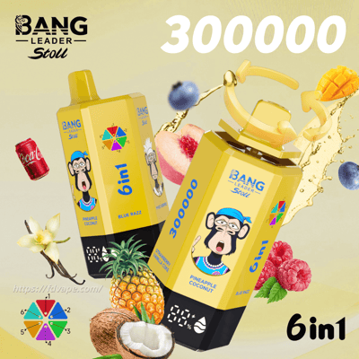 Yellow Bang Leader Stoll 6in1 juice cartons with a cartoon monkey, surrounded by fruit and a large 300000 at the top.