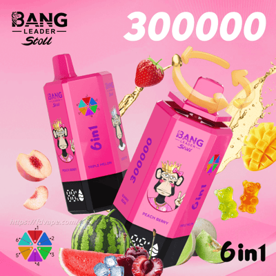 Two pink boxed vape bottles with a cartoon crowned monkey and 6in1 labels, surrounded by fruit graphics on a pink background.