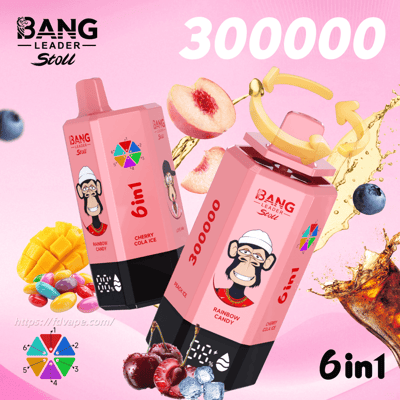 Two pink 6in1 drink cartons with a monkey mascot and rainbow candy flavor, surrounded by fruit on a pink background with 300000.