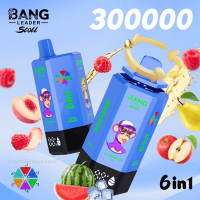 Two blue Bang Leader Stoll vape bottles featuring a cartoon monkey and 6in1 label, surrounded by fruit slices with a large 300000 at the top.