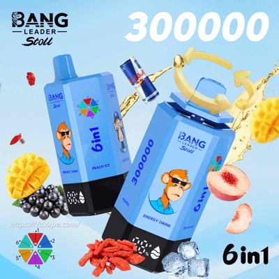 Two blue Bang Leader Stoll 6in1 energy drink cartons with a cartoon monkey, surrounded by fruit, ice and a large 300000 heading.