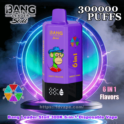 Purple Bang Leader Stoll disposable vape with a cartoon monkey in a blue hat, 6-in-1 flavors, and 300000 puffs, Fizzy Cola Ice.