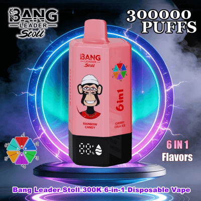 Pink Bang Leader Stoll 6-in-1 disposable vape with cartoon monkey, 300,000 puffs, six flavors.