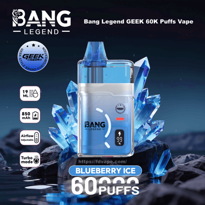 Blueberry Ice Bang Legend Geek engångsvape med blå transparent kropp, 60K puffar, 19 ml, 850 mAh, justerbart luftflöde.