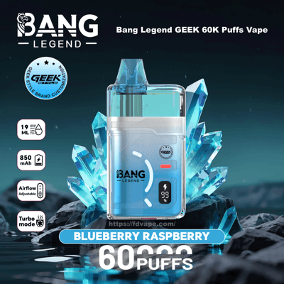 Bang Legend Blueberry Raspberry engångsvape med blå vätska; 850 mAh, 19 ml, justerbart luftflöde, turboläge, 60 bloss.