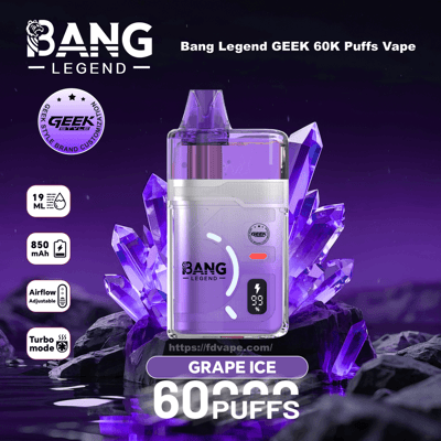 Grape Ice Bang Legend Geek 60K engångsvape i lila, visad med kristaller; 60K puffar, 19 ml, 850 mAh, justerbart luftflöde.