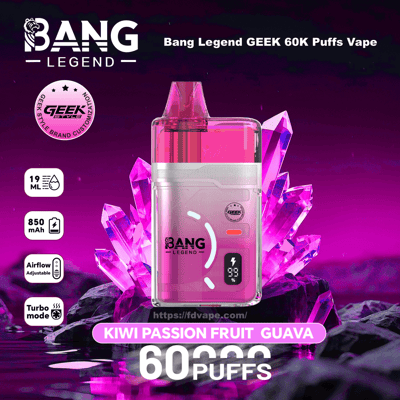 Pink Bang Legend Geek 60K Puffs vape-enhet i Kiwi Passion Fruit Guava-smak, mot en lila kristallbakgrund.