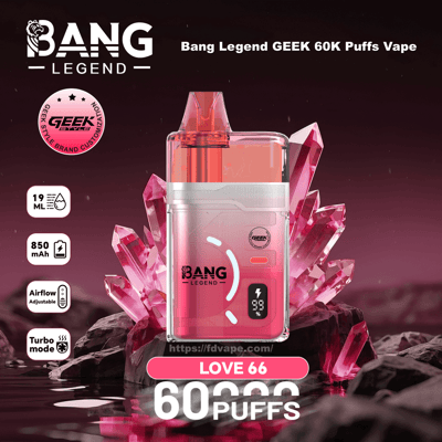 Pink Bang Legend Geek 60K Puffs Vape med kristallbakgrund; 19 ml, 850 mAh, justerbart luftflöde, turboläge.