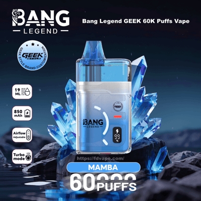 Blue Bang Legend Mamba vape-enhet med kristallbakgrund, annonserad som 60K puffar, med 19 ml kapacitet och 850 mAh batteri.