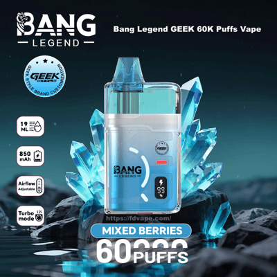 Bang Legend Geek 60K Puffs vape i blandad bärsmak, en blå genomskinlig kapselenhet omgiven av blå kristaller mot en mörk havsbakgrund.