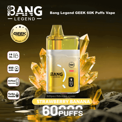 Bang Legend GEEK 60K Puffs Vape i en gul kristallbakgrund, jordgubbsbananasmak; 60 puffar, 850 mAh, justerbart luftflöde, turboläge.