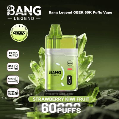 Bang Legend Geek 60K Puffs Vape i limegrönt med kristallbakgrund, smak av jordgubbar i kiwi.